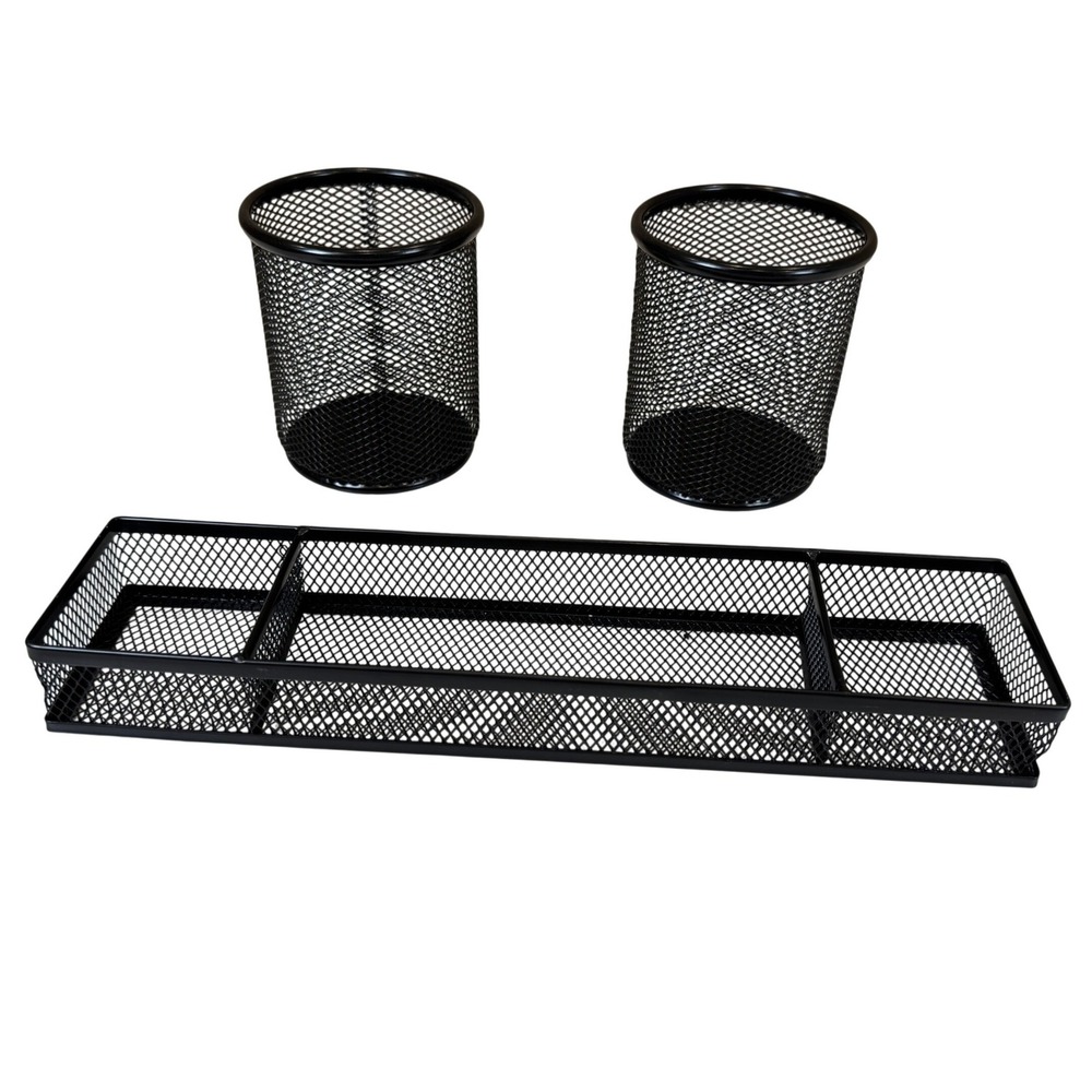 Black Wire Mesh Desk Organizer Set 3 Piece Pencil Cups and Divided Drawer Tray
